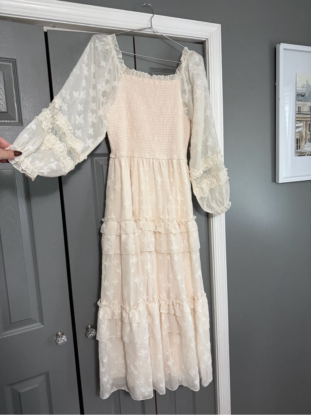 Light Cream Maxi Dress with Sheer Puff Sleeves